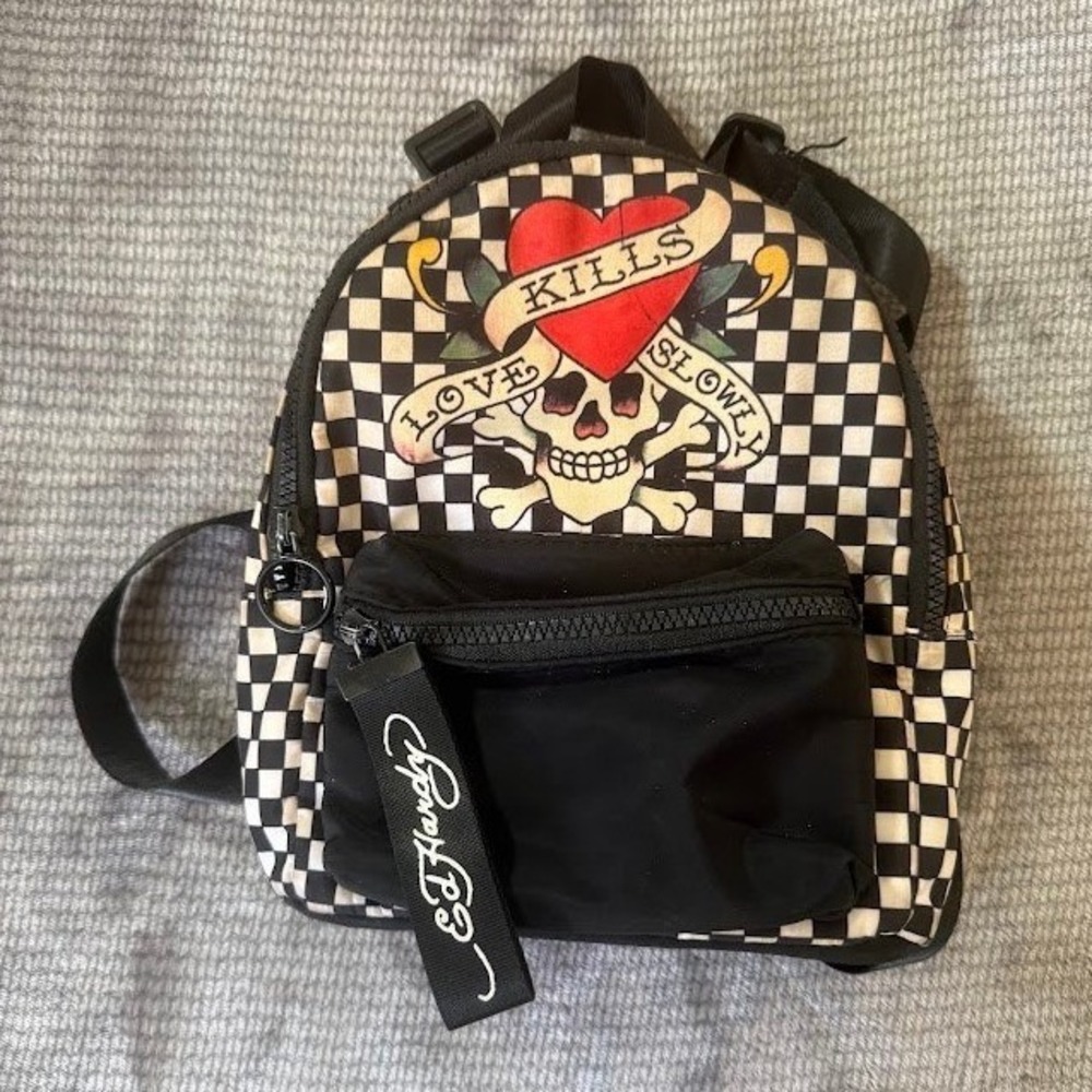 Ed Hardy Love Kills Slowly Mini Backpack Checkered Skull Heart Y2K Black White